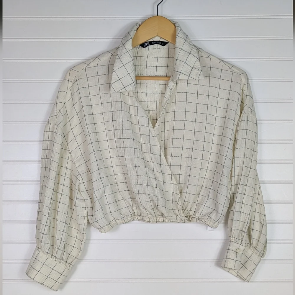 Zara S Cropped Ivory Windowpane Faux Wrap Collared  long Sleeve Blouse - Picture 2 of 7